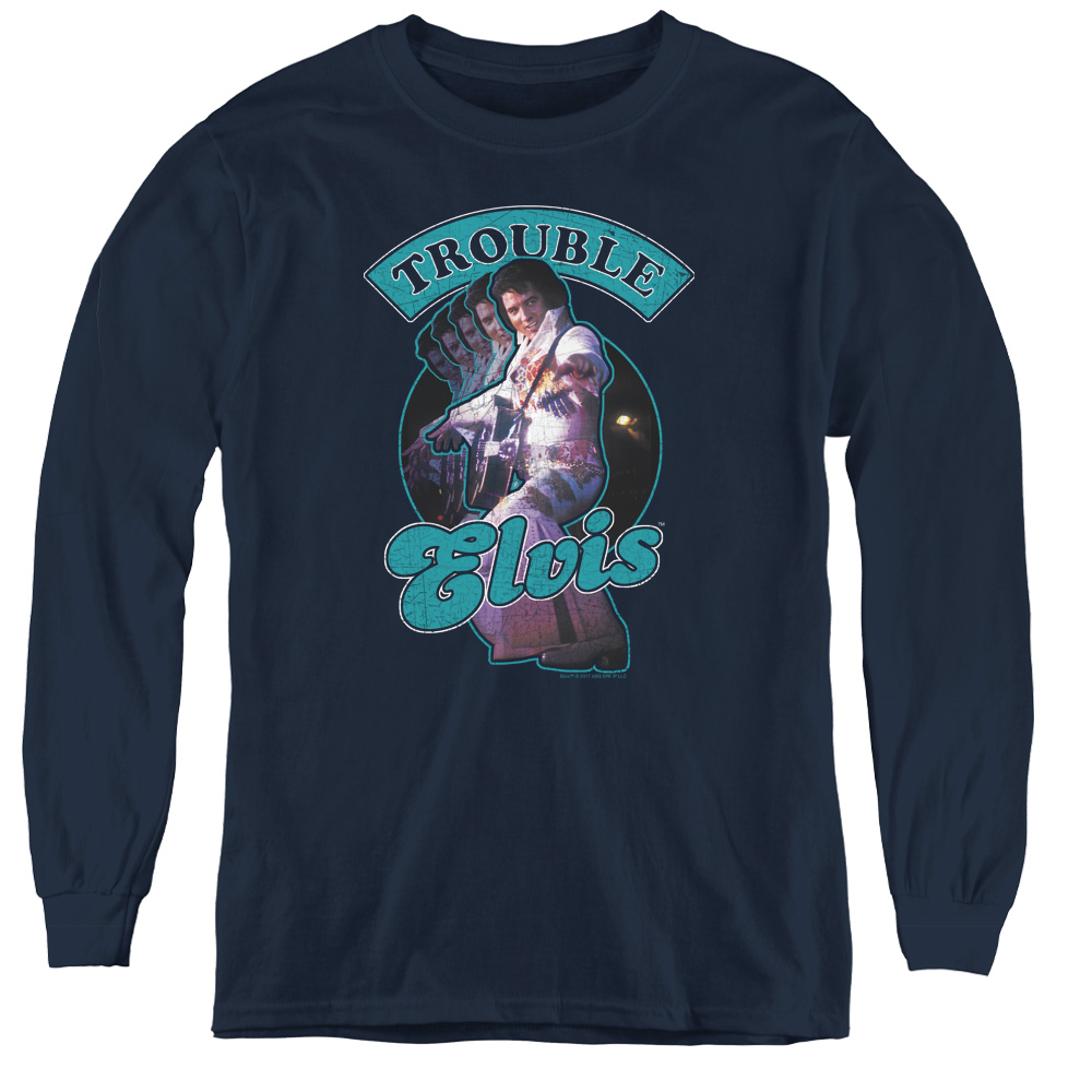ELV716-YL-4 Elvis Presley & Total Trouble Youth Long Sleeve T-Shirt, Navy - Extra Large