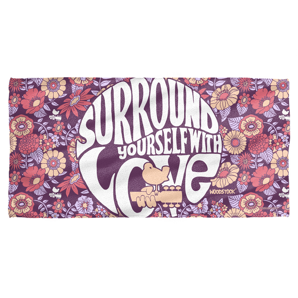 Wood133-btw2-30x60 Woodstock & Flower Surround Cotton Front & Poly Back Beach Towel, White - 30 X 60 In.