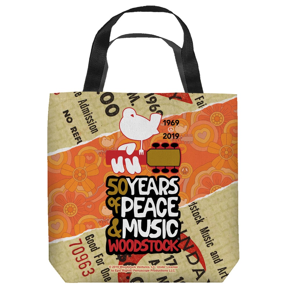Wood152-tote1-16x16 Woodstock & 50 Year Ticket Tote Bag, White - 16 X 16 In.