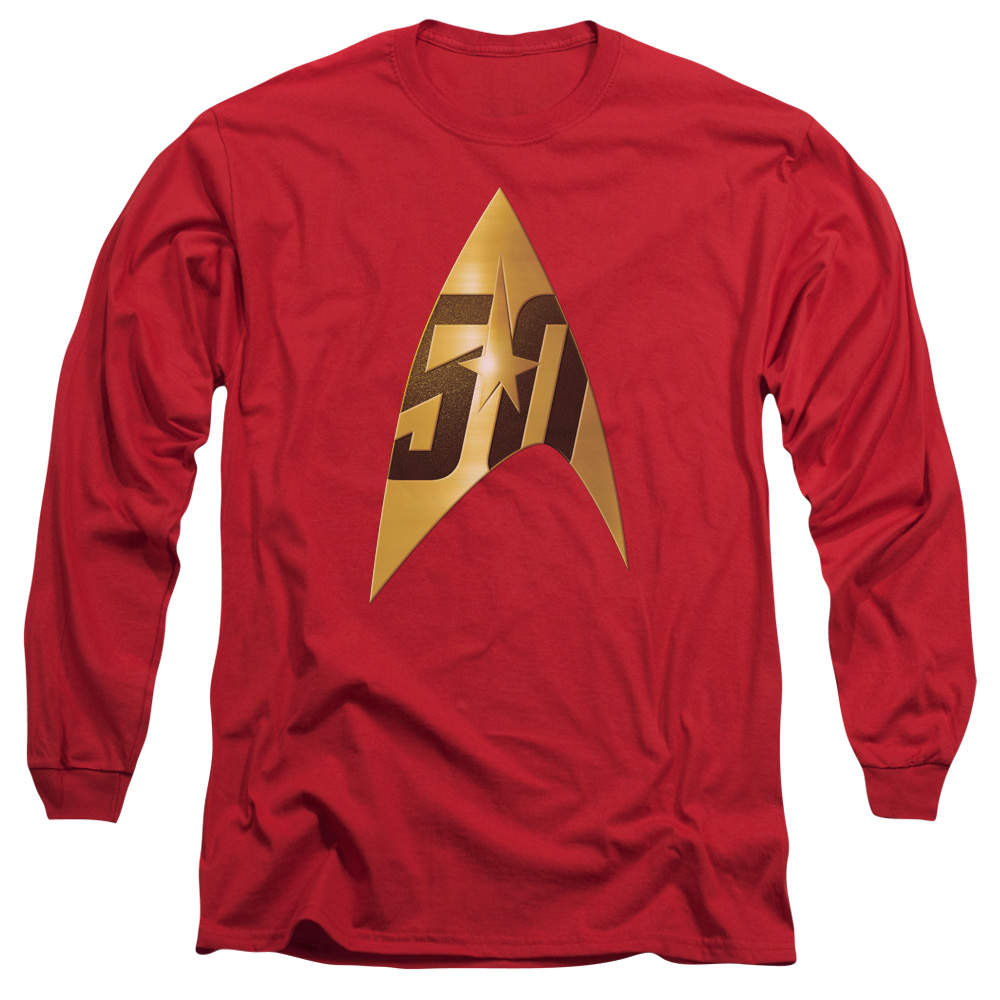 Star Trek & 50th Anniversary Delta Long Sleeve Adult Cotton 18-1 T-Shirt, Red - Medium