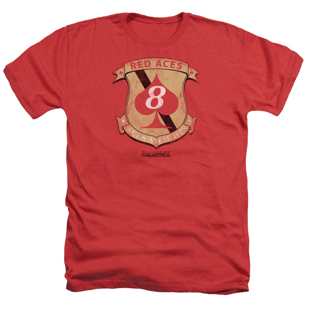 BSG284-HA-1 Battlestar Galactica & Red Aces Badge-Adult Heather T-Shirt, Red - Small