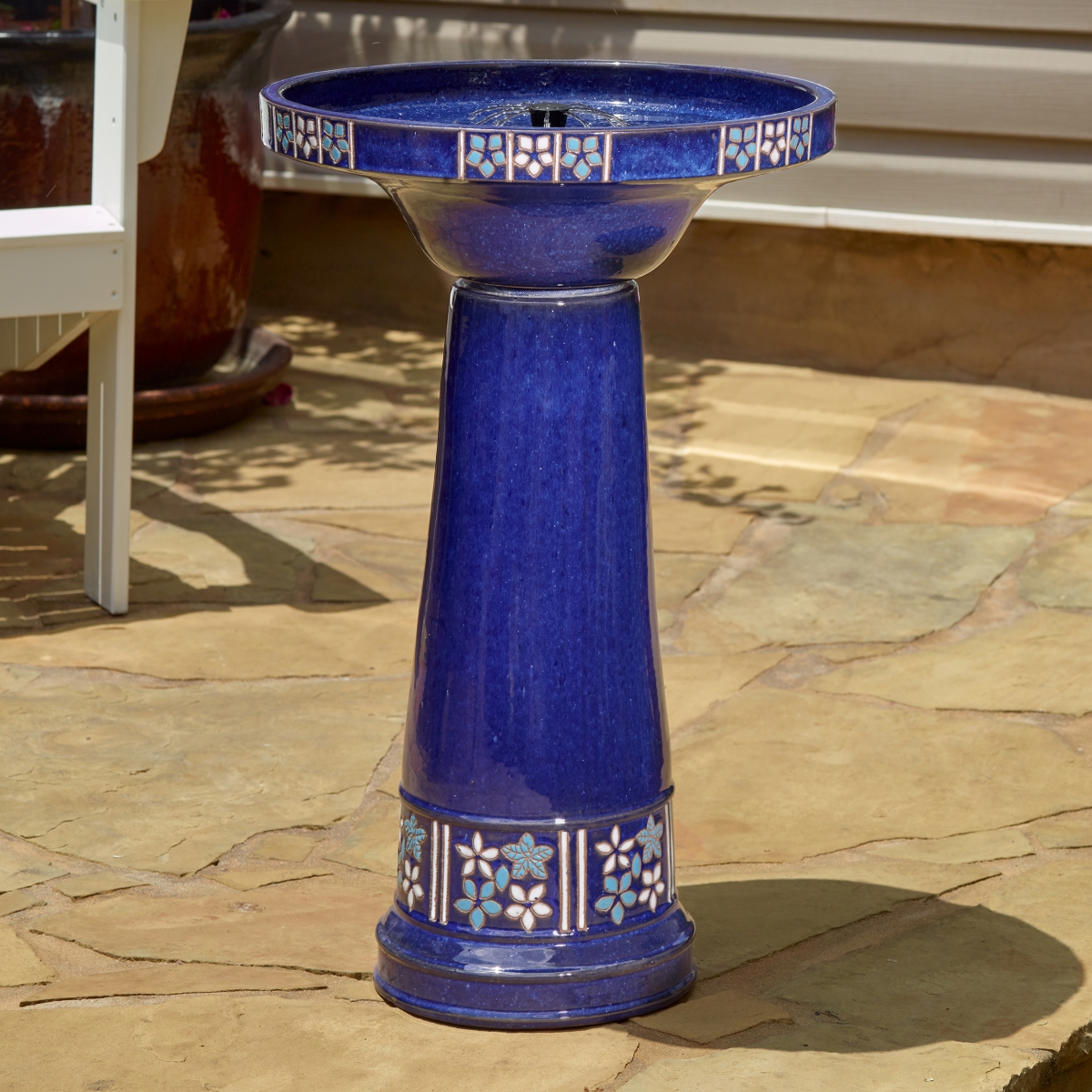 UPC 840594000075 product image for 25373024 Louisa IntelliSolar Ceramic Birdbath with Remote - Blue Flowers | upcitemdb.com