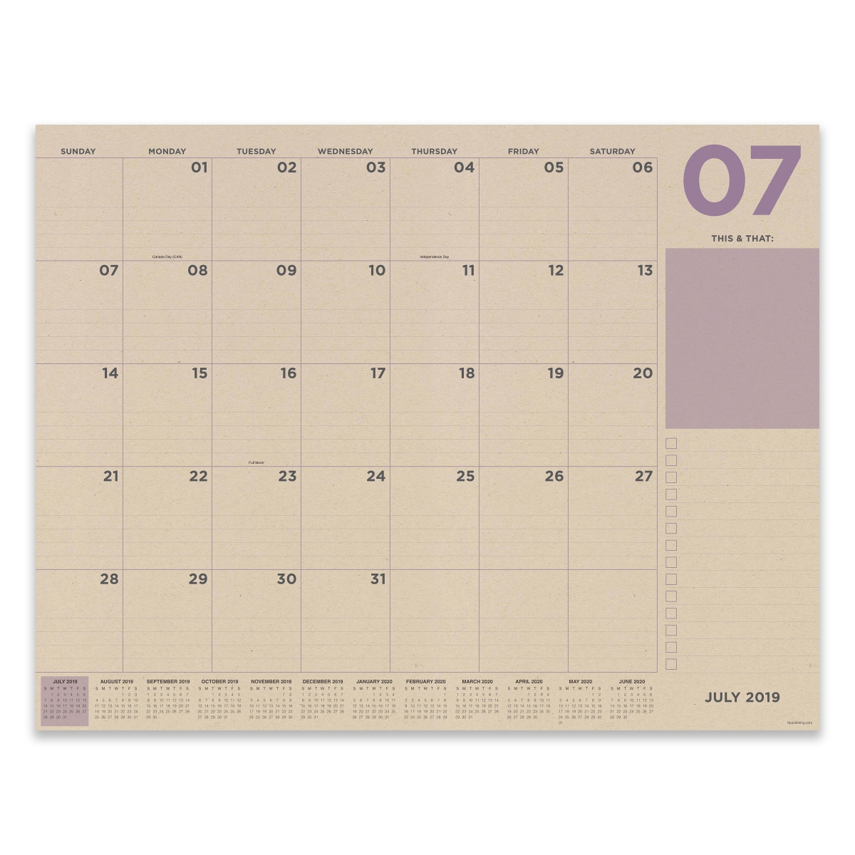 20-8215a July 2019 - June 2020 Kraft Numeric Large Desk Pad Monthly Calendar