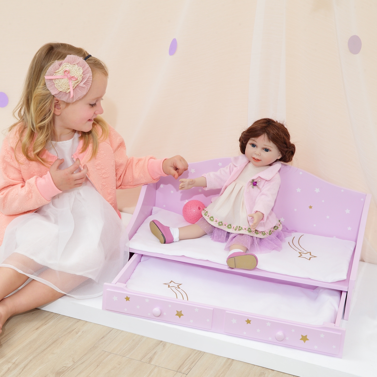 Td-0096ap 18 In. Twinkle Stars Princess Doll Trundle Bed, Purple & Gold