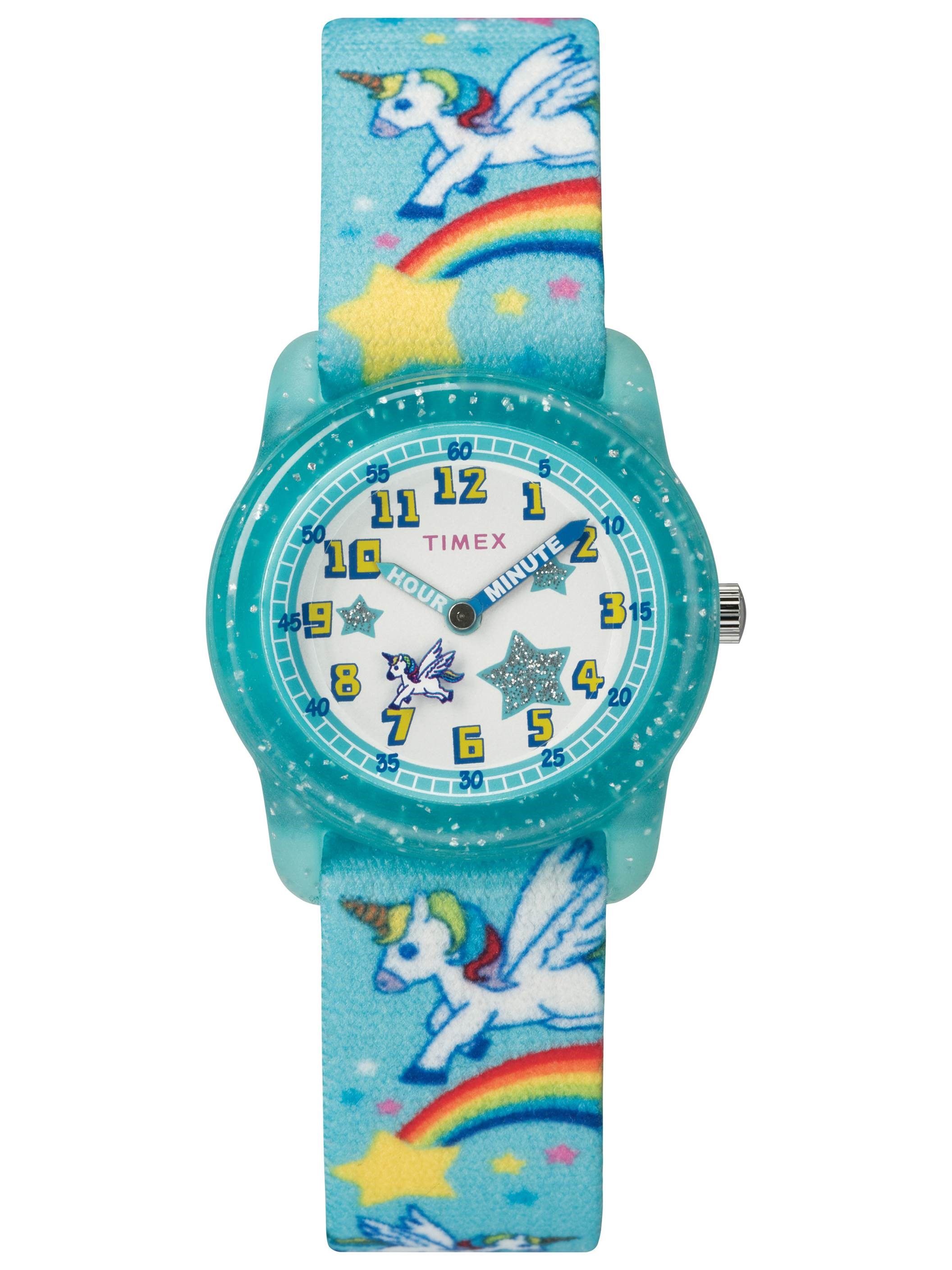 Tw7c256009j Girls Time Machines Unicorns Elastic Fabric Strap Watch, Teal & Rainbows