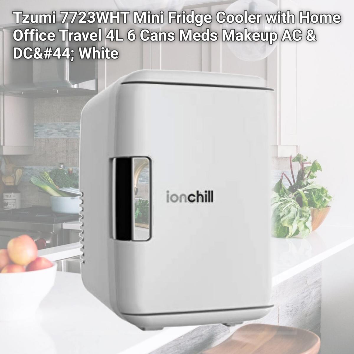 Picture of Tzumi 7723WHT Mini Fridge Cooler with Home Office Travel 4L 6 Cans Meds Makeup AC & DC, White