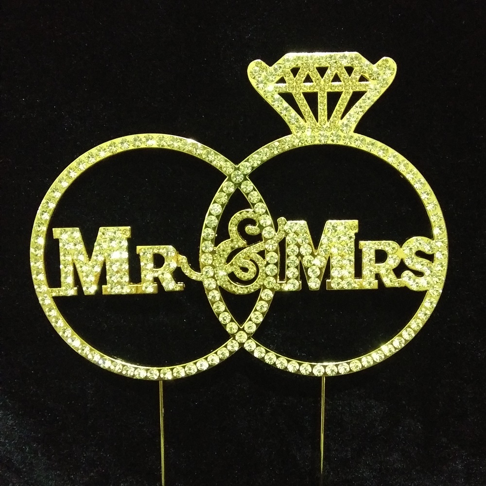 33014-mmrg Mr & Mrs With Rings Rhinestone Cake Topper - Gold