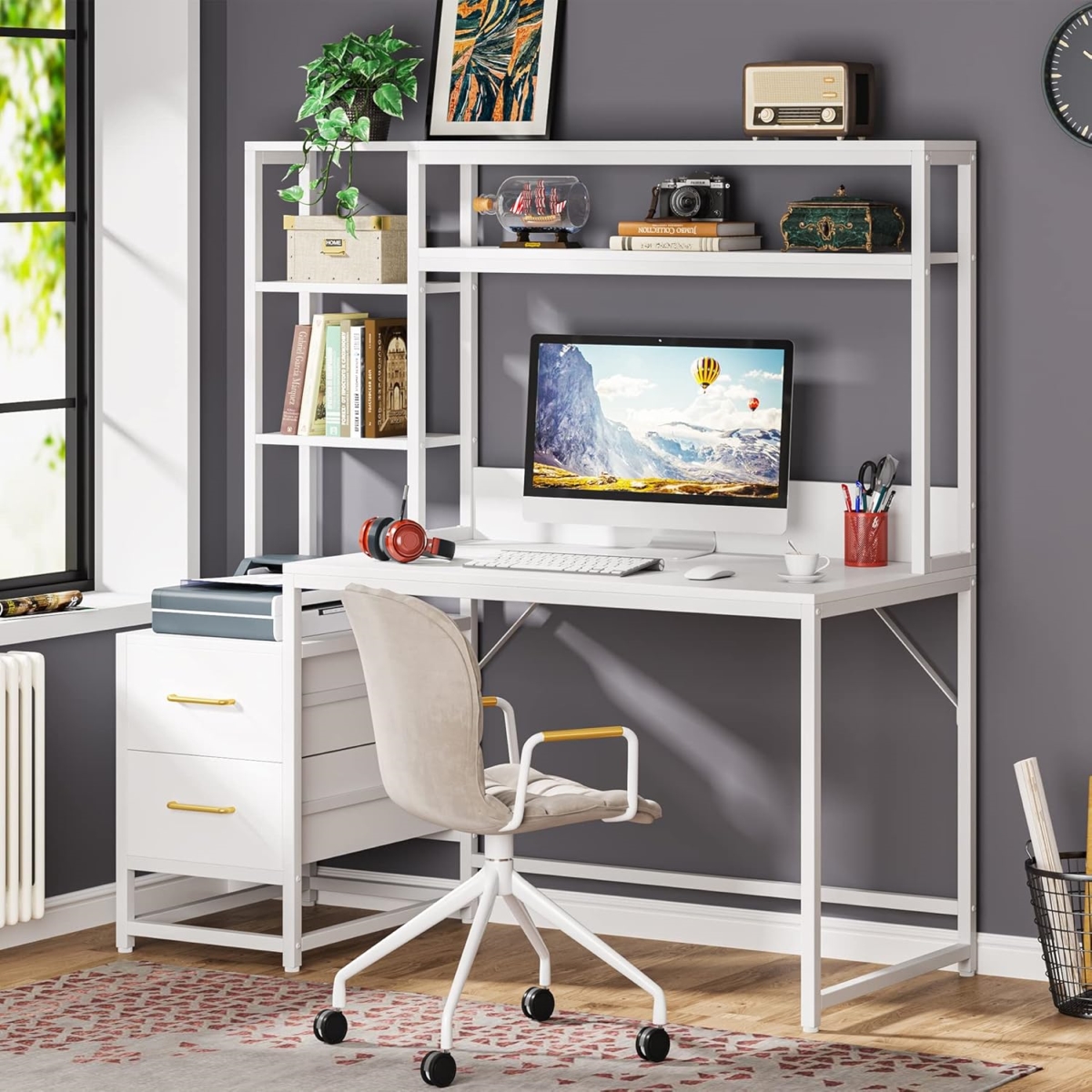 TB-J0257 55 in. Computer Desk with Hutch - 2 Drawers & Open Shelves - White