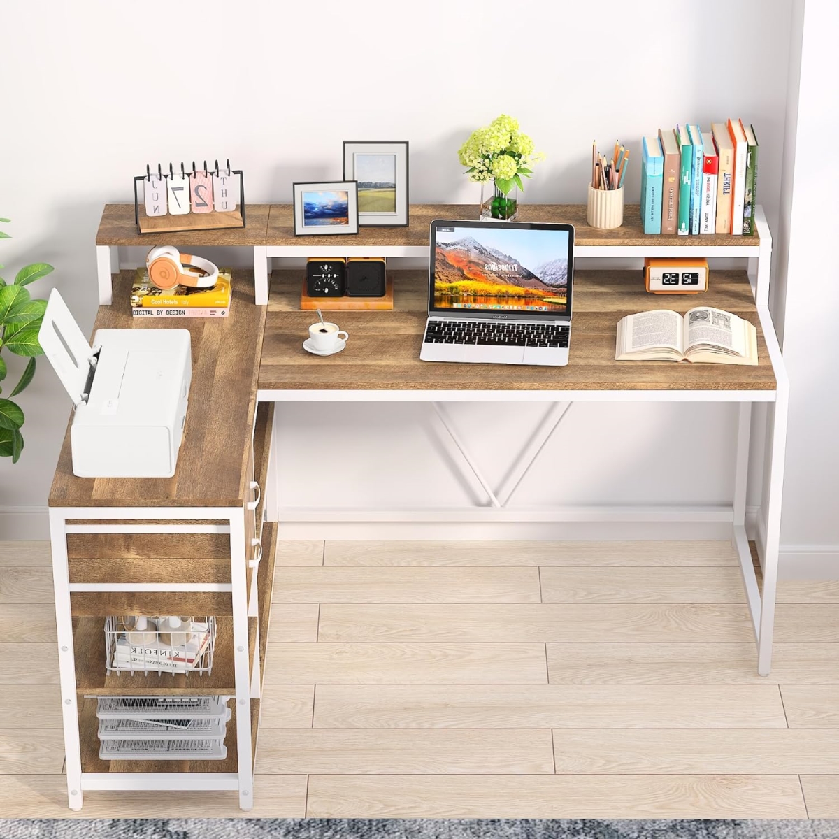 TB-JW0634 55 in. L-Shaped Home Office Desk with Monitor Riser - Drawers & Storage Shelves - Beige & White Finish