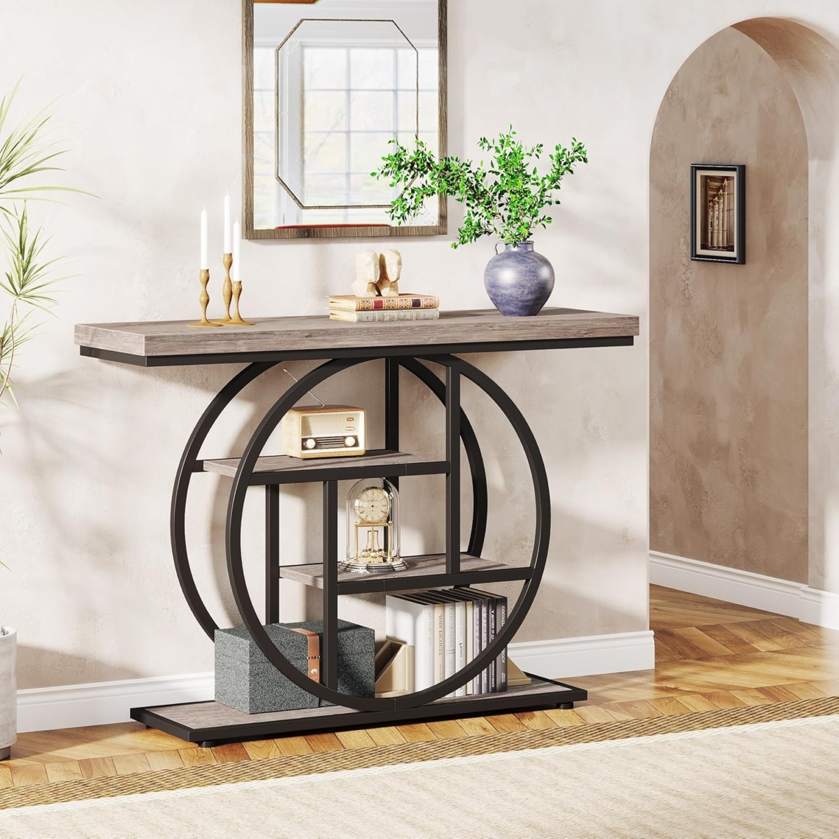TB-JW0694 41.3 in. 4-Tier Industrial Console Table with Unique Circle Metal Frame & Storage Shelves - Gray