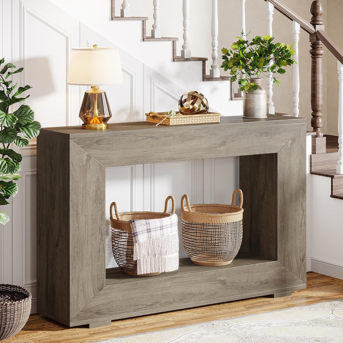 TB-JW0886X 47 in. Narrow Rustic Entryway Farmhouse Console Table with Open Shelf Storage - Gray Wood Grain Finish