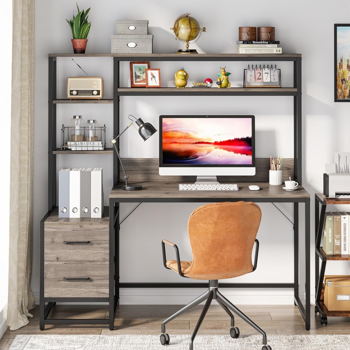 TB-J0269 55 in. Computer Desk with Hutch - 2 Drawers & Open Shelves - Gray