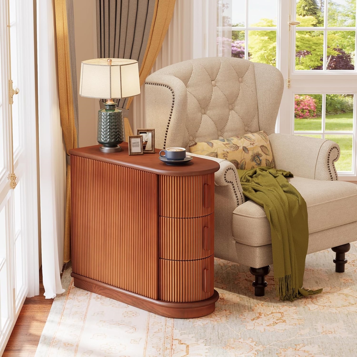 TB-JW0761 10.8 in. Solid Wood 3 Drawer End Table - Fully Assembled Narrow Nightstand - Walnut