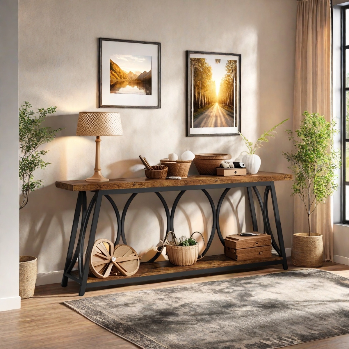 TG-F1787 70.9 in. Narrow Behind Couch Extra Long Industrial Console Table with 2-Tier Storage Shelves - Rustic Brown with Black Metal Frame