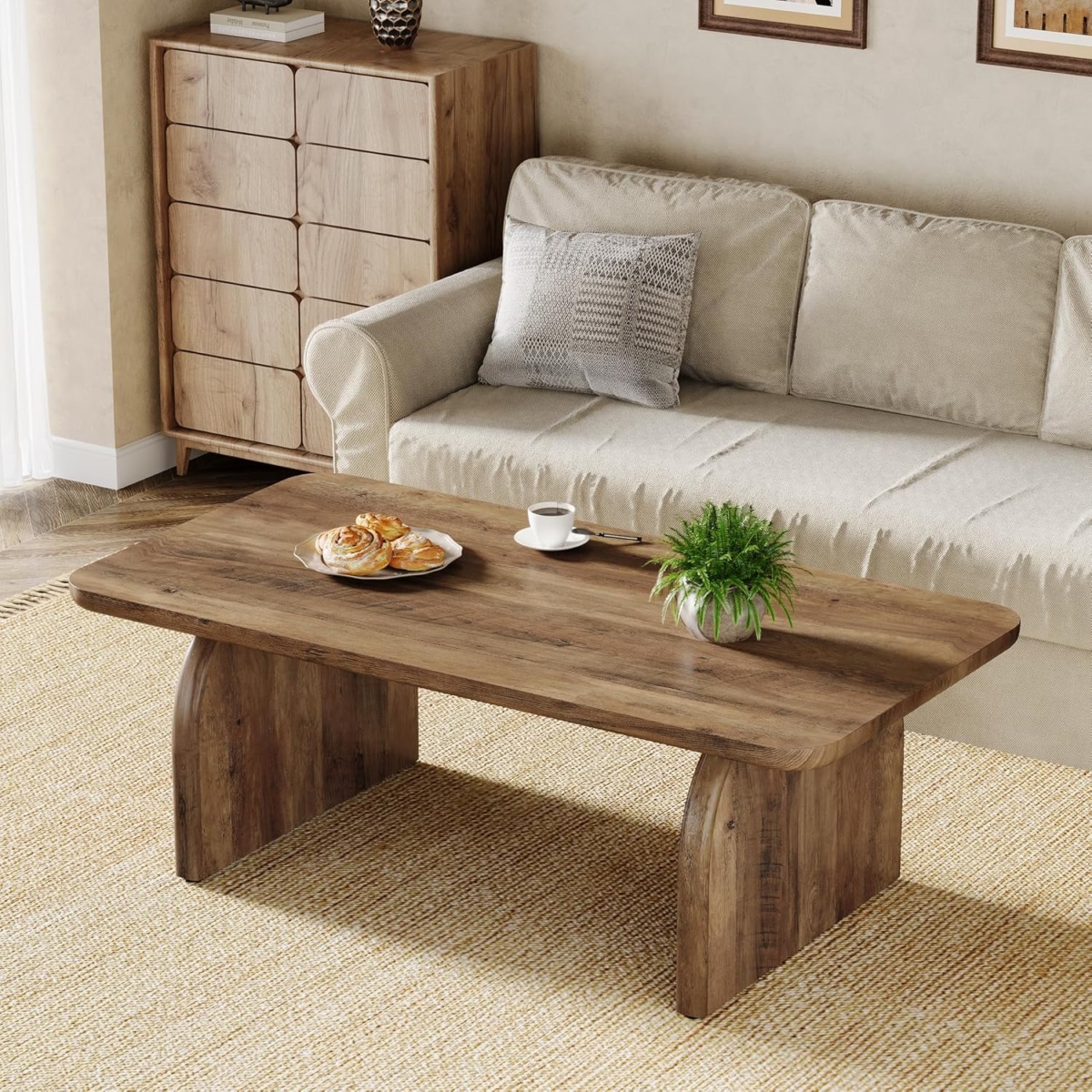 TB-F2088 47 in. Wooden Farmhouse Accent Center Rectangle Coffee Table with Sturdy Base & Rounded Corners - Rustic Brown