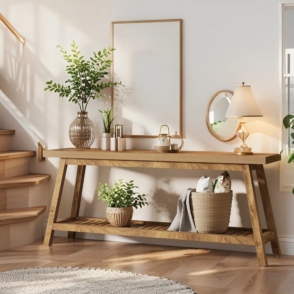 TB-JW0889 70.9 in. Extra Long Farmhouse Console Table - Solid Wood Entryway with 2-Tier Open Storage - Light Brown