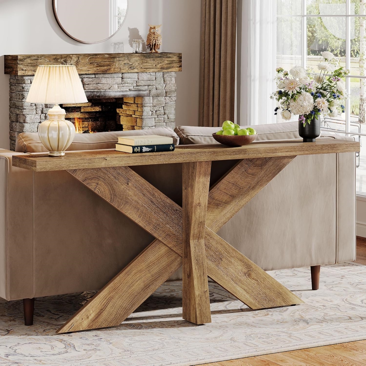 TB-JW0993 70.9 in. Long Farmhouse Behind Couch Console Table with Geometric Wooden Base, Oak Brown