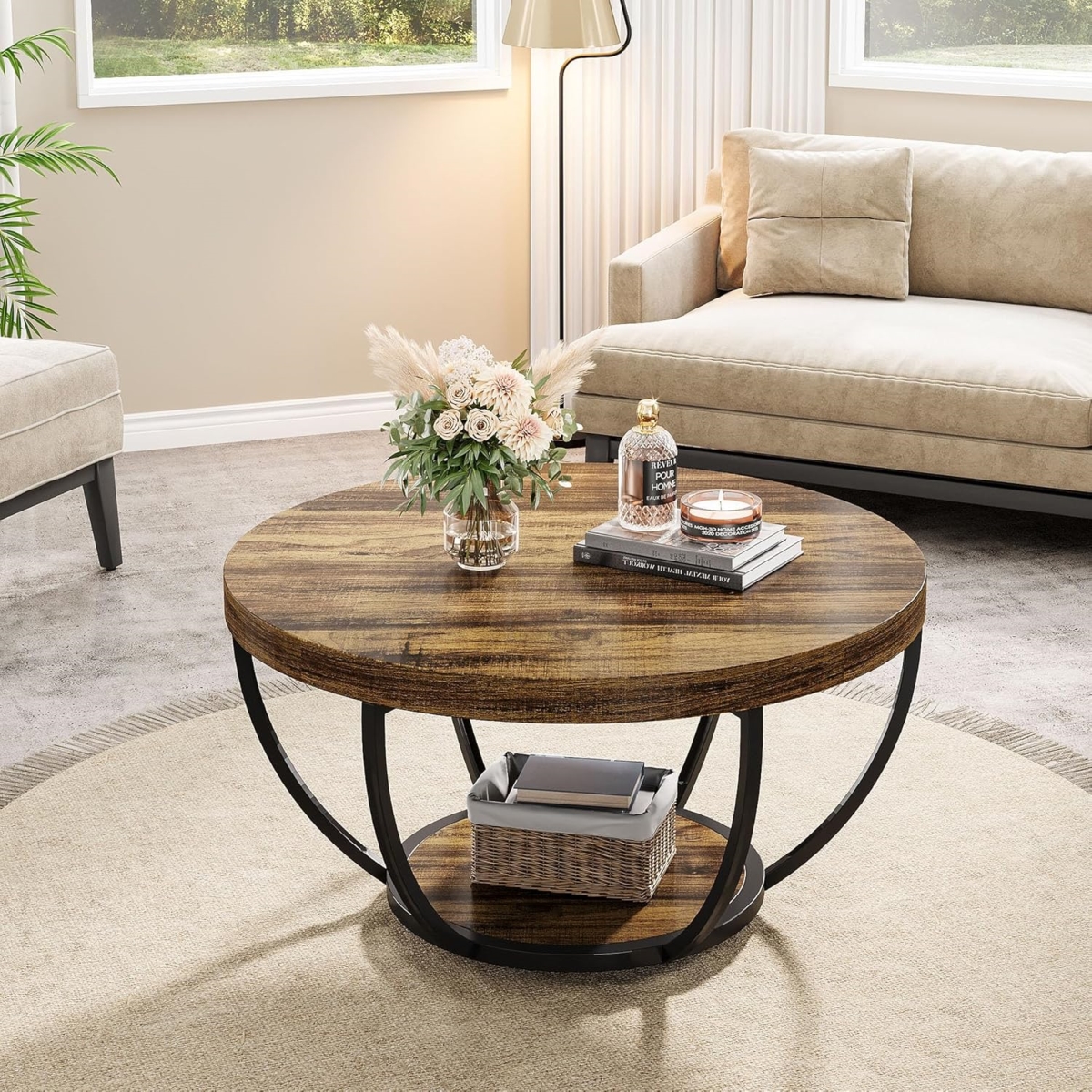TB-NY166 31.7 in. Wooden 2-Tier Round Coffee Table with Storage Shelves - Rustic Brown