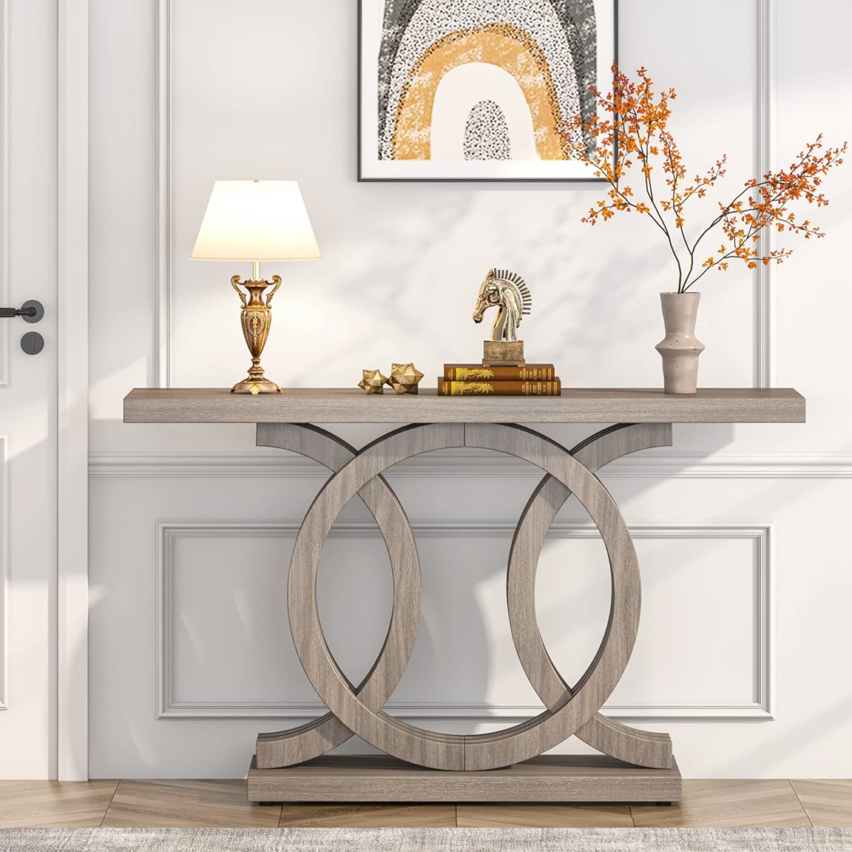 Rustic Gray Console Table - 55 in. - Geometric Wooden Base - Water-Resistant Finish