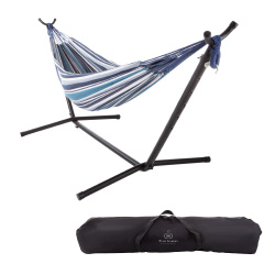 Trademark 50-lg1178 Double Brazilian Hammock With Stand Woven Cotton, Blue Stripes