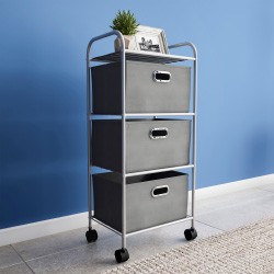 Trademark 83-145 3 Drawer Rolling Storage Cart On Wheels Portable Metal Storage Organizer With Fabric Bins, Gray & Silver