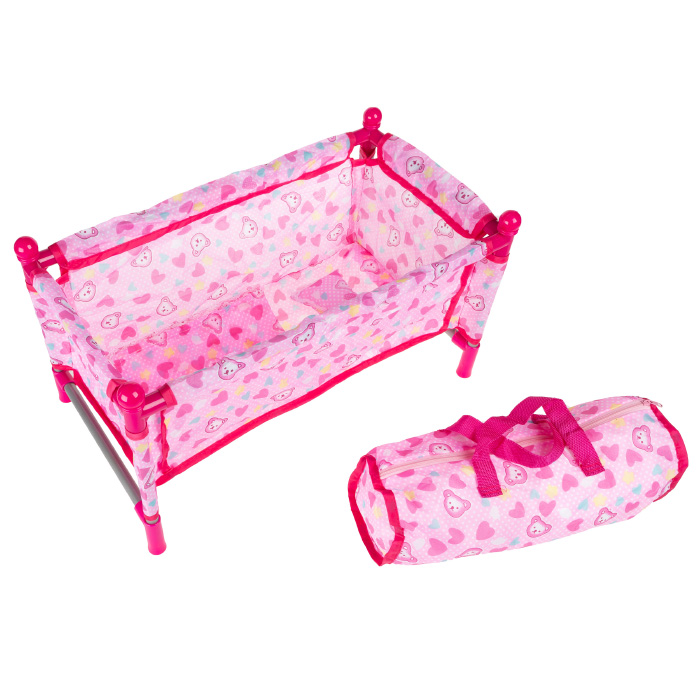 80-1604o1449 15 In. Baby Doll Bed & Playpen Mini Pack & Play Crib, Pink With Heart, Teddy Bear Print & Gray Tubes
