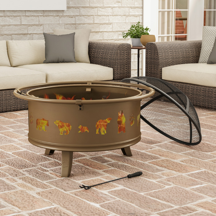 50-lg1202 32 In. Outdoor Deep Fire Pit Steel Bowl With Bear Cutouts, Antique Gold