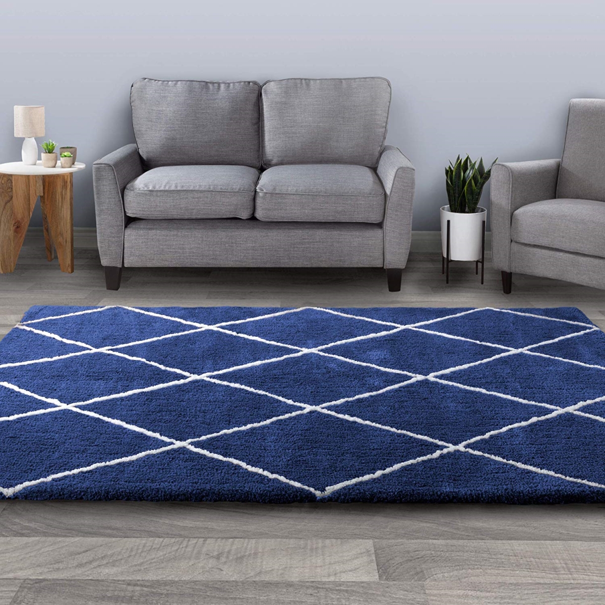 62a-64319 5 Ft. 3 In. X 7 Ft. 7 In. Diamond Shag Area Rug-plush Pattern Carpet, Navy & Ivory