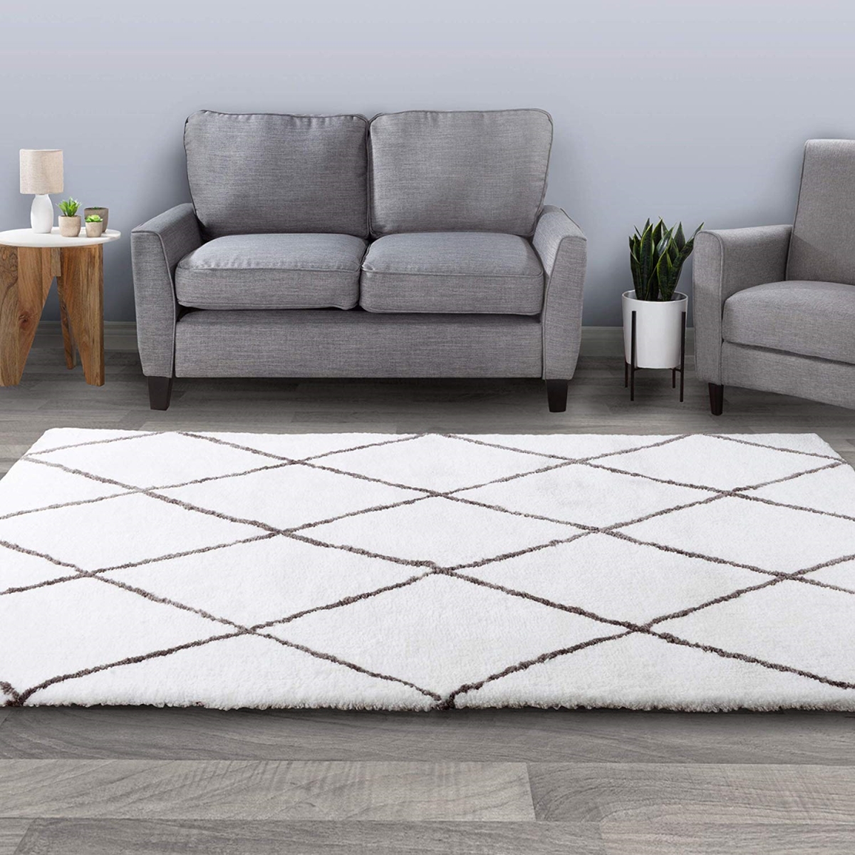 62a-64333 5 Ft. 3 In. X 7 Ft. 7 In. Diamond Shag Area Rug-plush Pattern Carpet, Ivory & Gray