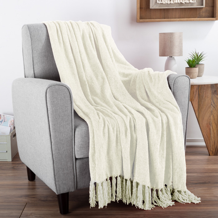 66-throw049 60 X 70 In. Chenille Throw Blanket For Couch, Home Decor, Bed, Sofa & Chair-oversized, Ivory