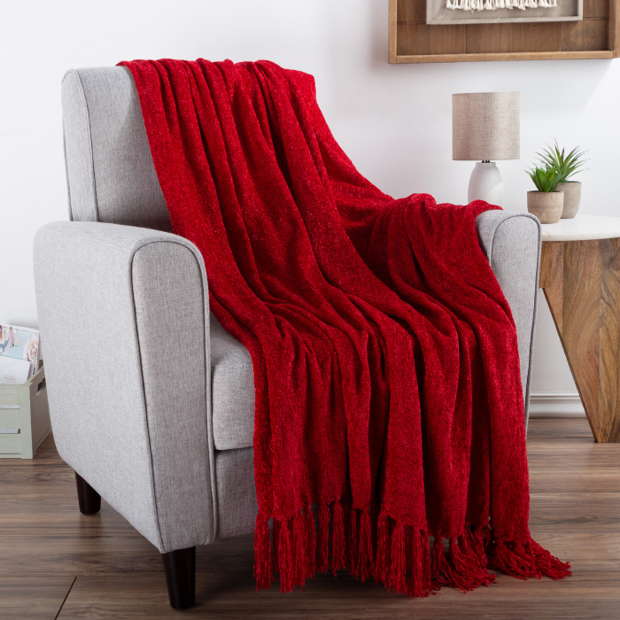 66-throw050 60 X 70 In. Chenille Throw Blanket For Couch, Home Decor, Bed, Sofa & Chair-oversized, Vineyard Red