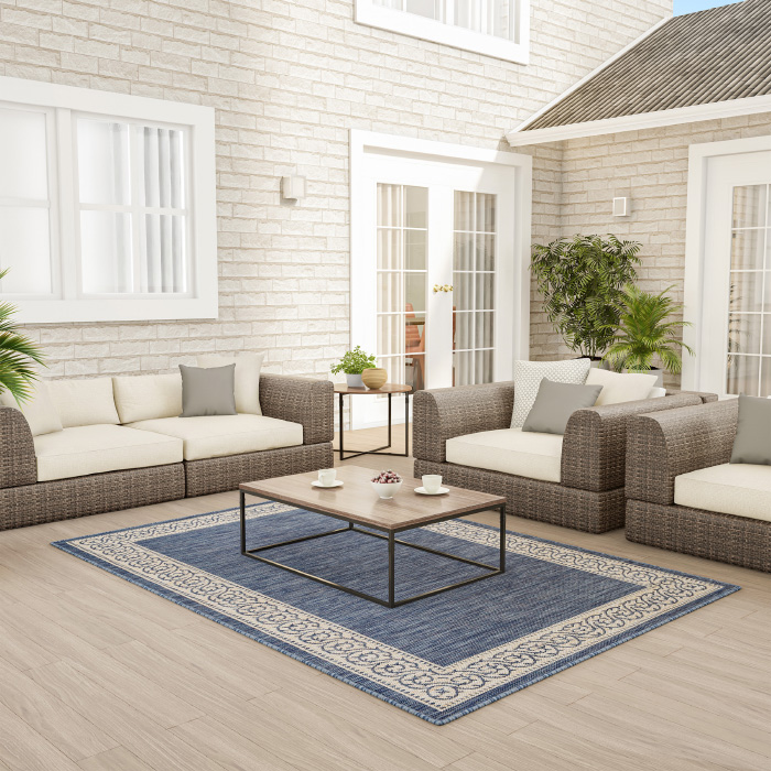 Lavish Home 62-139-57denim 5 X 7 In. Indoor Outdoor Denim Blue & Beige Carpet Ornate Vine Area Rug