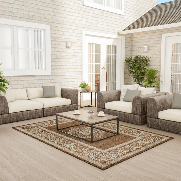 Lavish Home 62-139-57medbrown 5 X 7 In. Indoor Outdoor Brown & Cream Carpet Trellis Vine Medallion Area Rug