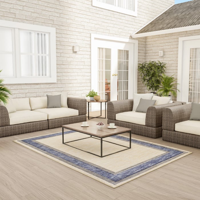 Lavish Home 62-4328-57blueob 5 X 7 In. Indoor Outdoor Carpet Beige & Blue Border Area Rug, Blue & Brown
