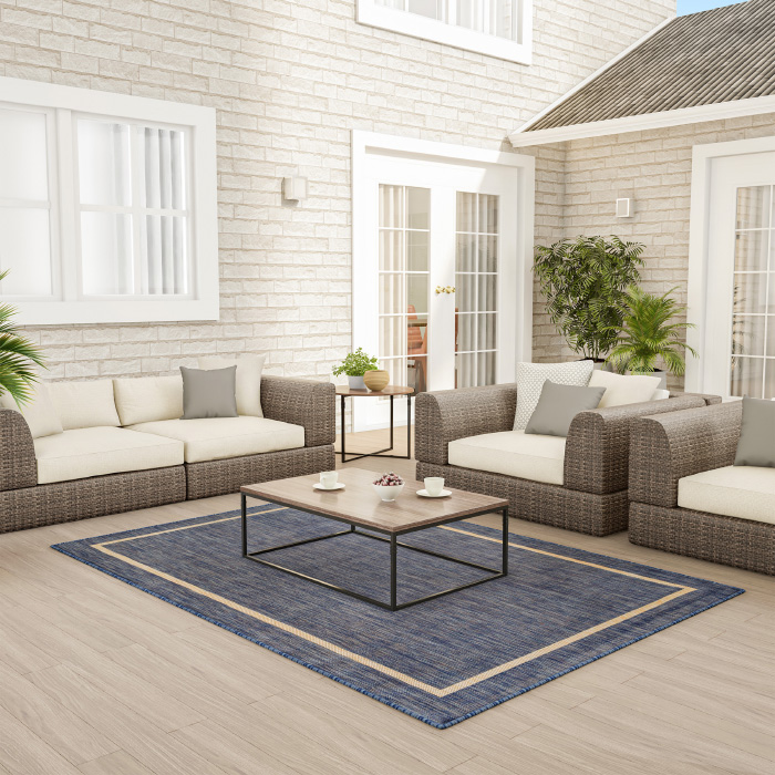 Lavish Home 62-4328-57denimb 5 X 7 In. Indoor Outdoor Carpet-textured Backing Blue Border Area Rug