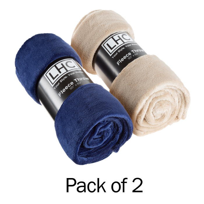 Lavish Home 66-throw037 60 X 50 In. Plush Fleece Throw Blanket With Soft & Cozy, Navy Blue & Sand - Set Of 2