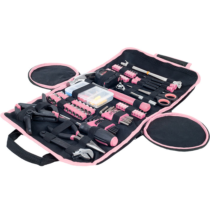 Lavish Home A-pt1045 Household Hand Tool Set With Roll-up Bag Great For The Home Or Car, Black & Pink - 86 Piece