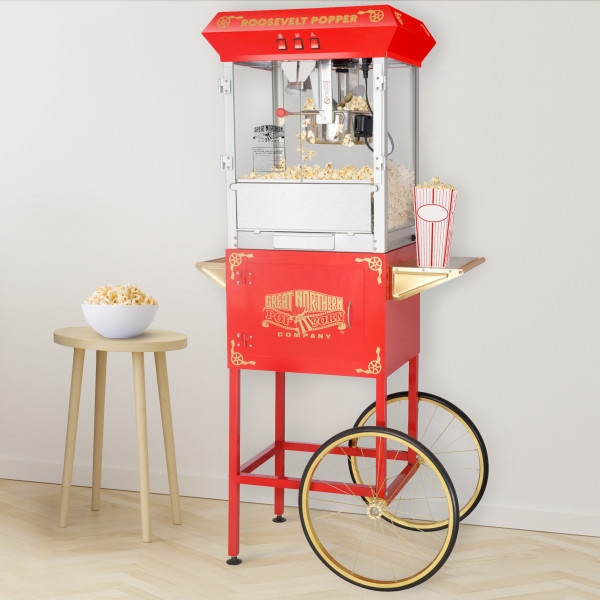 Picture of Great Northern Popcorn 83-DT6088  Roosevelt Popcorn Machine with Cart and 8 Ounce Kettle - Red