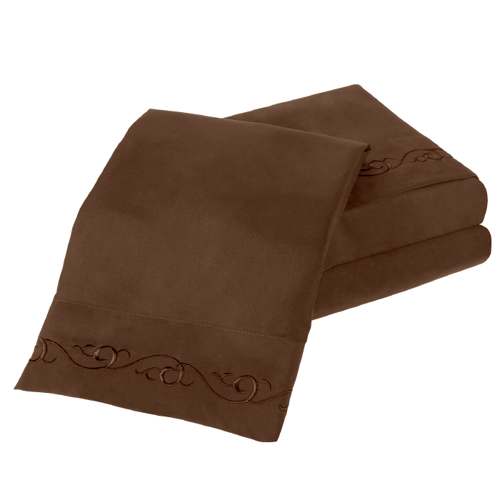 Lavish Home 61-91-q-c Embroidered Brushed Microfiber Sheet Set By Lavish Home, Chocolate - Queen - 4 Piece