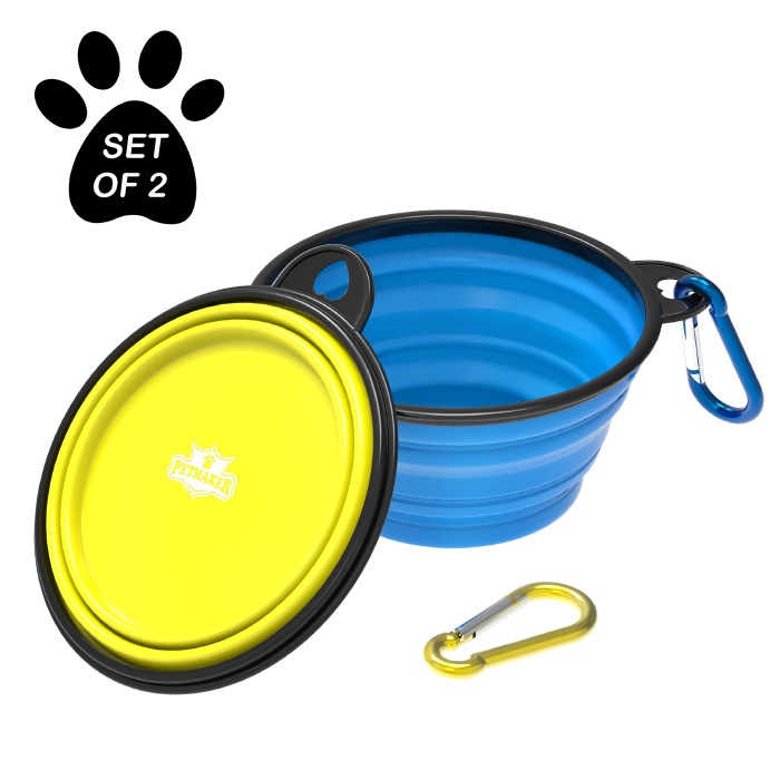 Petmaker 80-pet6093 Portable Silicone Food & Water Collapsible Pet Bowl Set, Blue & Yellow - Set Of 2