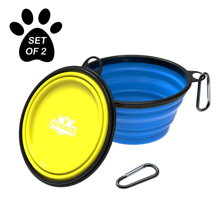 Petmaker 80-pet6094 12 Oz Portable Silicone Food & Water Collapsible Pet Bowl Set, Blue & Yellow - Set Of 2