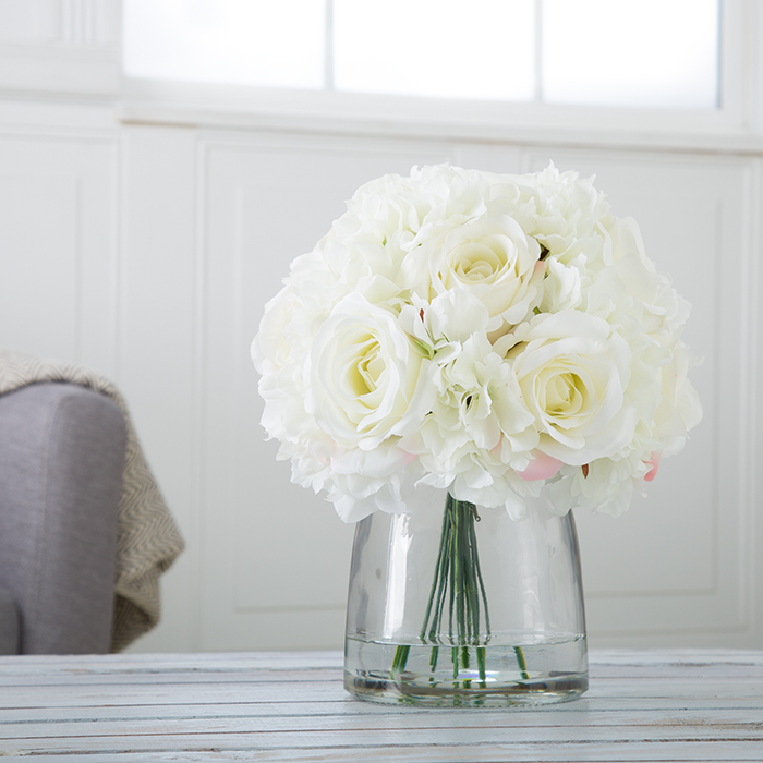 50-133 Hydrangea & Rose Floral Arrangement With Vase - Cream