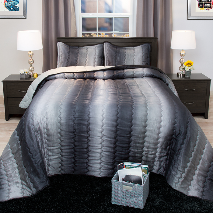 Lavish Home 66-201-t-char Twin Size Striped Metallic Bedspread Set, Charcoal & Silver