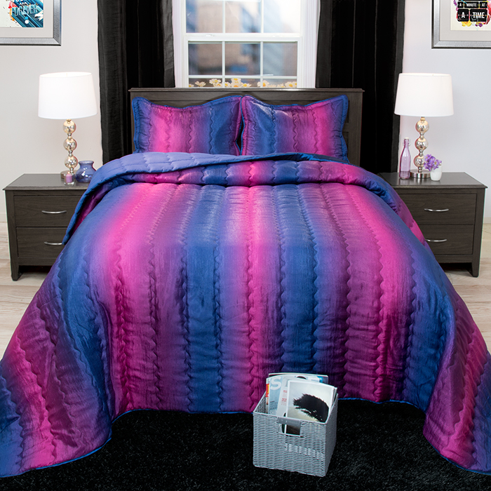 Lavish Home 66-201-q-b Striped Metallic Bedspread Set - Blue, Plum & Queen Size
