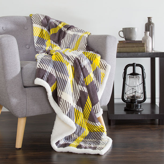 Lavish Home 61-00004-bl Fleece Sherpa Blanket Throw - Yellow, Gray
