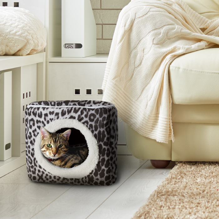 Petmaker 80-pet6020 Cat Pet Bed Cave Indoor Enclosed Covered Cavern & House - Gray & Black Animal Print