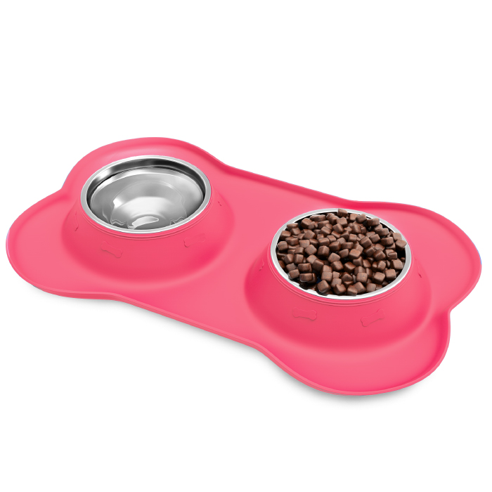 Petmaker 80-pet6031 12 Oz Stainless Steel Pet Bowls For Dogs & Cats Non Slip No Mess Silicone Tray, Pink - Set Of 2