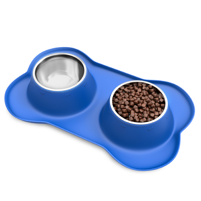 Petmaker 80-pet6033 24 Oz Stainless Steel Pet Bowls For Dogs & Cats Non Slip No Mess Silicone Tray, Blue - Set Of 2