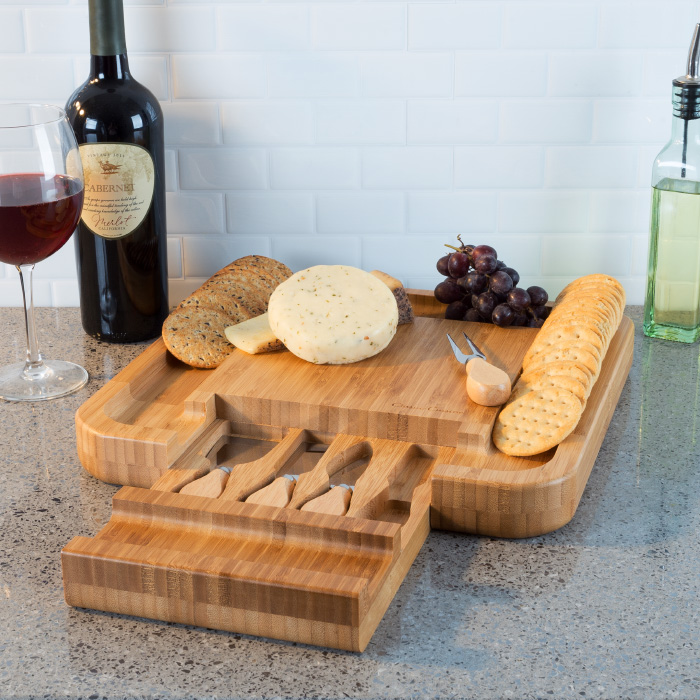 82-kit1060 Bamboo Cheese Serving Tray With Stainless Steel Cutlery Set & Storage Drawer- Durable & Eco-friendly Charcuterie Board - 4 Piece