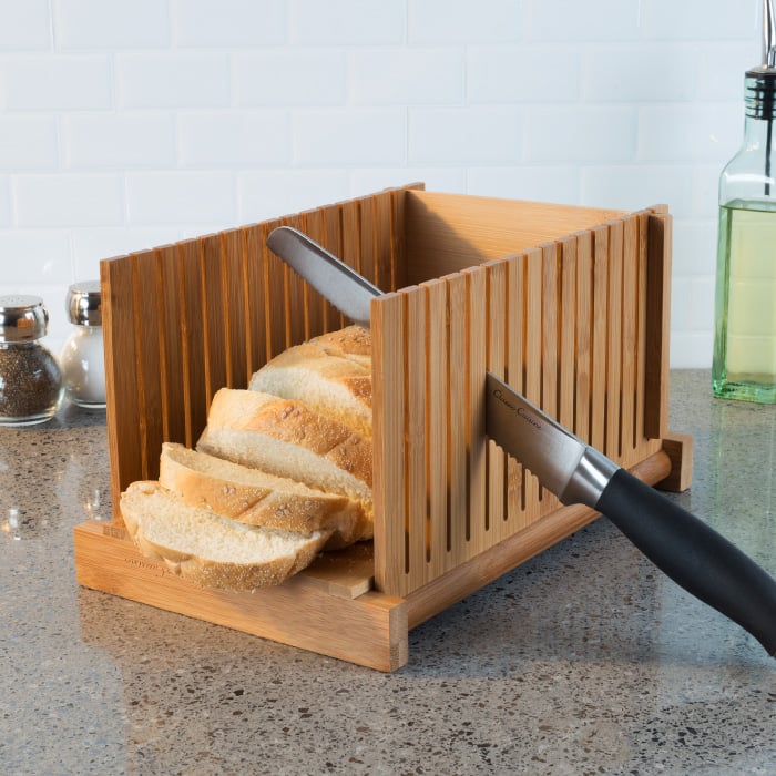 82-kit1064 Bamboo Bread Slicer Foldable, Adjustable Knife Guide & Board For Cutting Loaves Evenly Perfect Food Prep Tool For Home Bakers